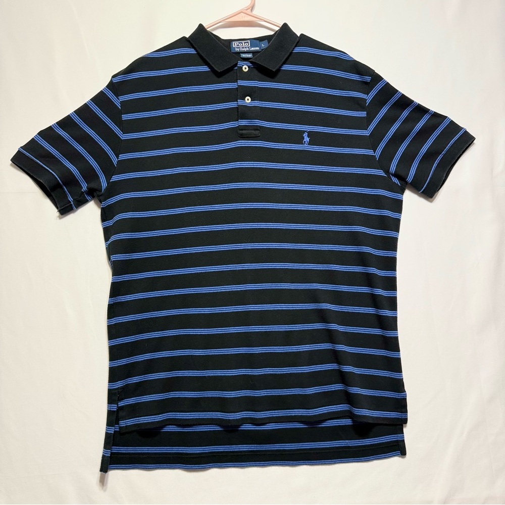 * SOLD * Polo by Ralph Lauren Men's Polo Size L Shirt Black & Blue Stripes - Picture 2 of 8